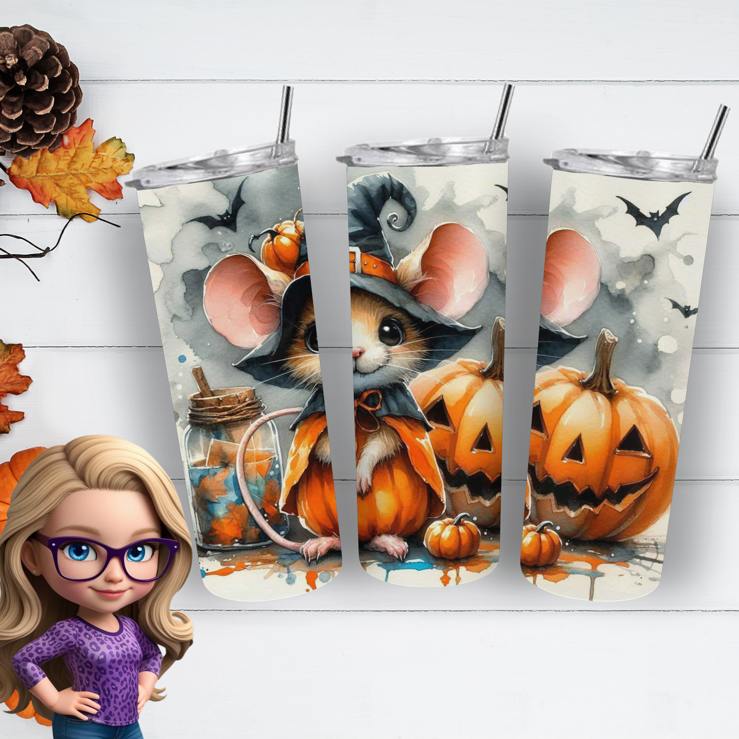 Adorable Halloween Mouse Tumbler – Insulated 20oz Skinny Cup with Pumpkin & Bat Motifs