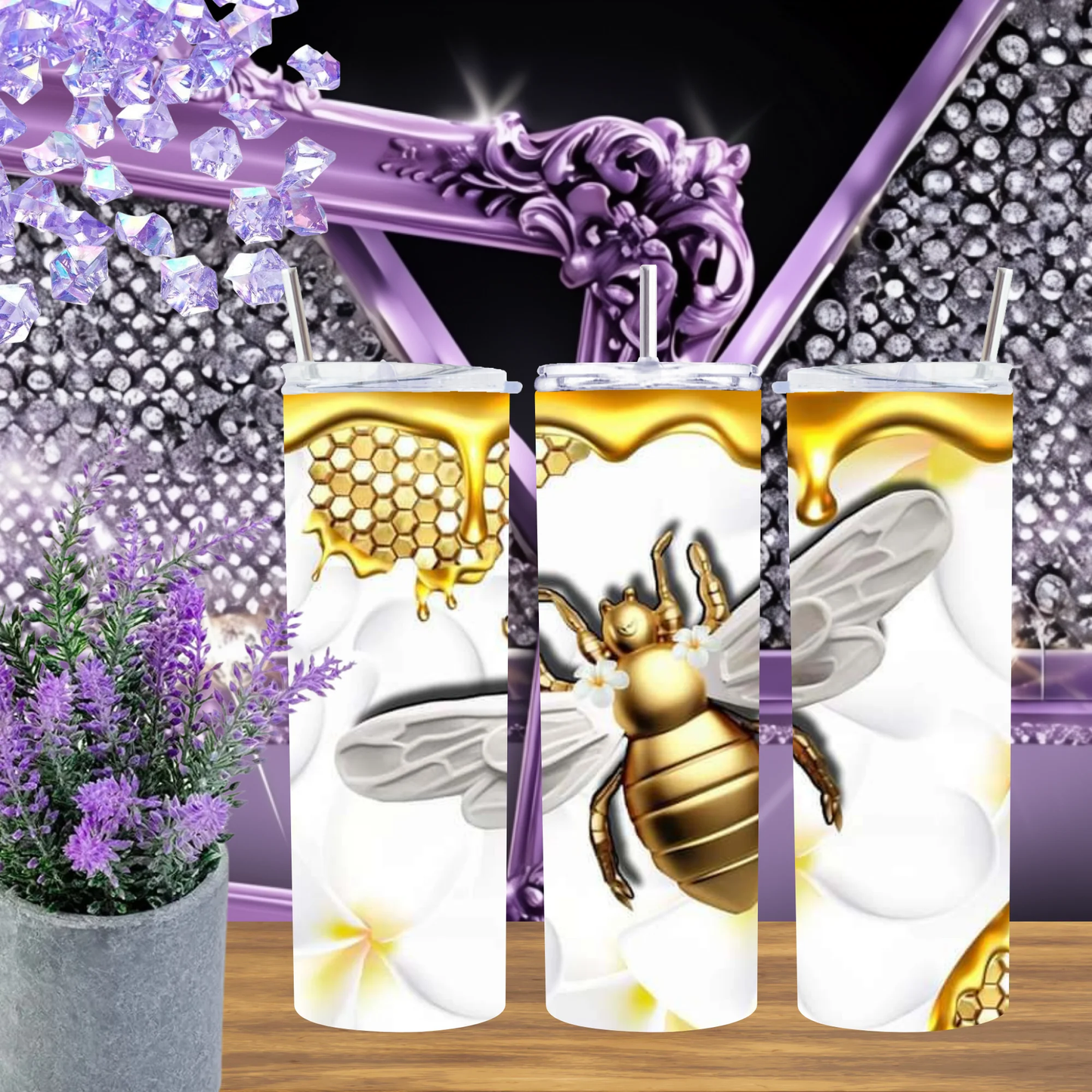3D Honeybee 20oz Tumbler and 30oz Stainless Steel Cup Golden Honeycomb Dripping Design Bee Lover Gift for Her by Marie Gems