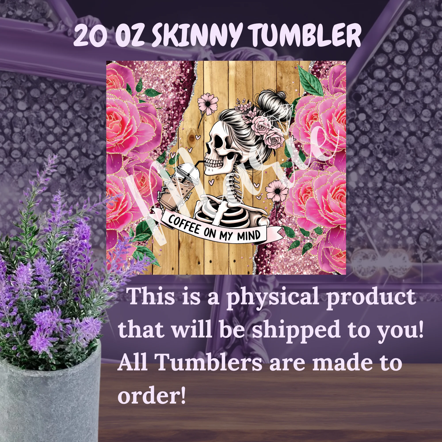 Goth Glam Skeleton Coffee Tumbler 20 Oz With Pink Glitter Roses Insulated Skinny Cup For Iced Drinks Gift For Her by Marie Gems