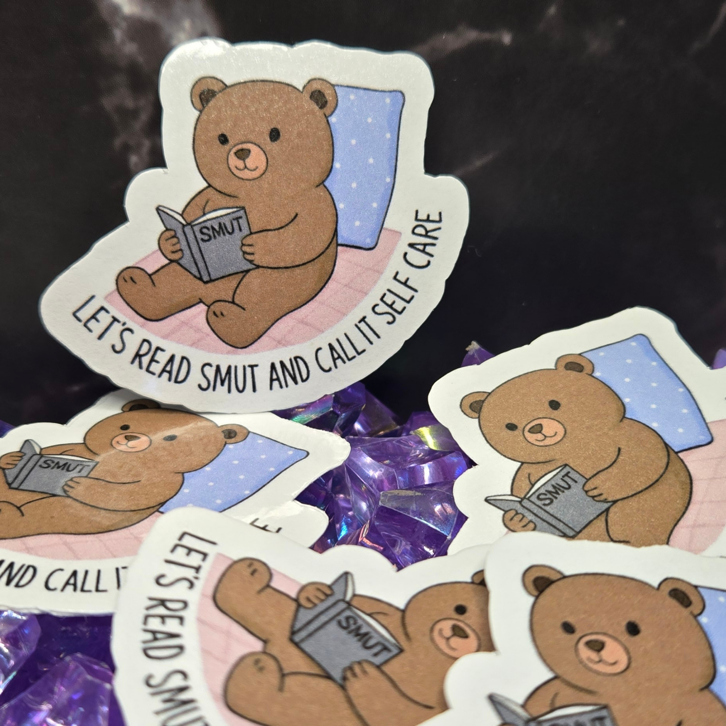 Cozy Reading Bear Sticker - "Let's Read Smut and Call It Self Care" - Humorous Book Lover Decal