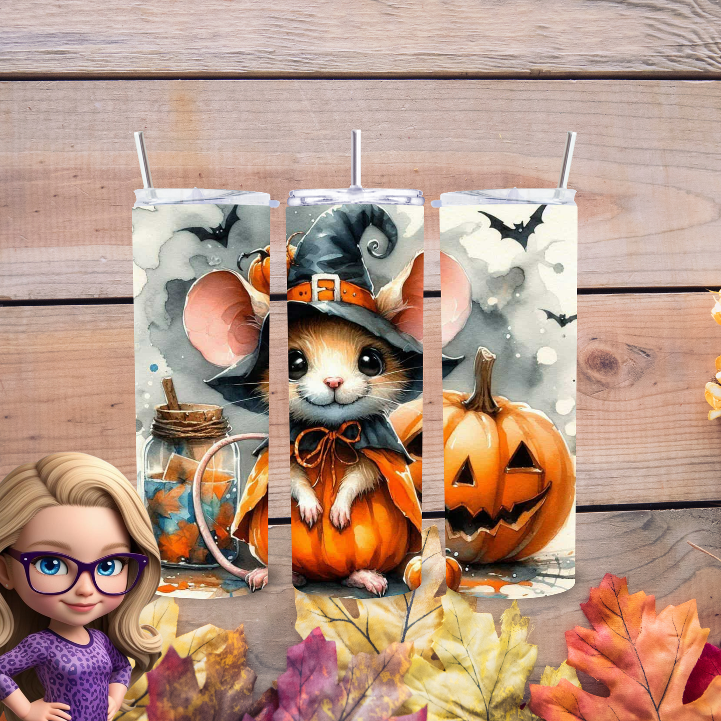 Adorable Halloween Mouse Tumbler – Insulated 20oz Skinny Cup with Pumpkin & Bat Motifs