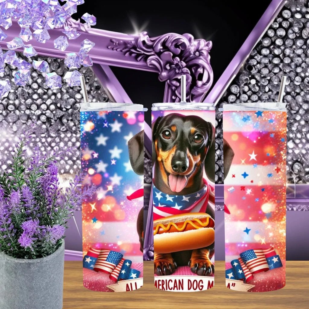 Patriotic Dachshund 20oz Tumbler • All American Dog Mama Stainless Steel Cup • 4th of July Weiner Dog Gift • Handmade USA Flag Aesthetic Drinkware by Marie Gems