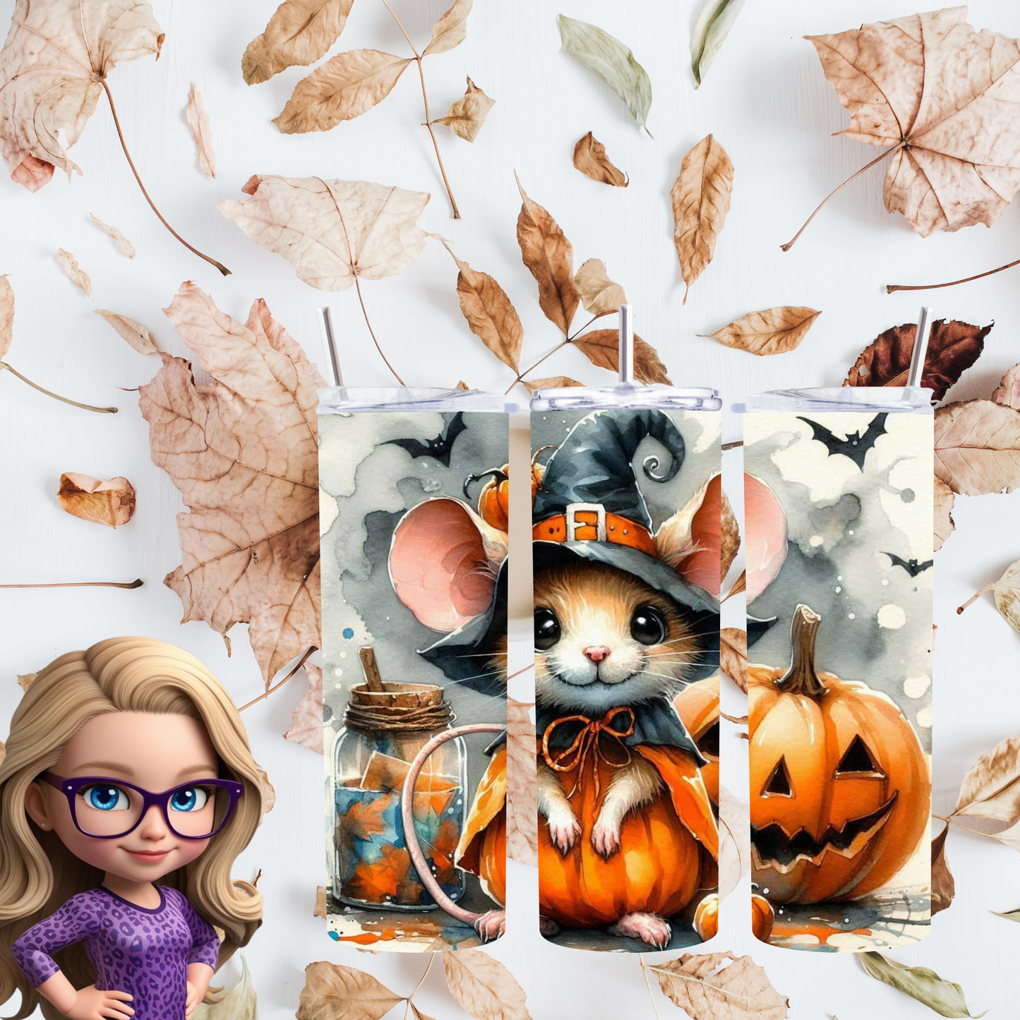 Adorable Halloween Mouse Tumbler – Insulated 20oz Skinny Cup with Pumpkin & Bat Motifs
