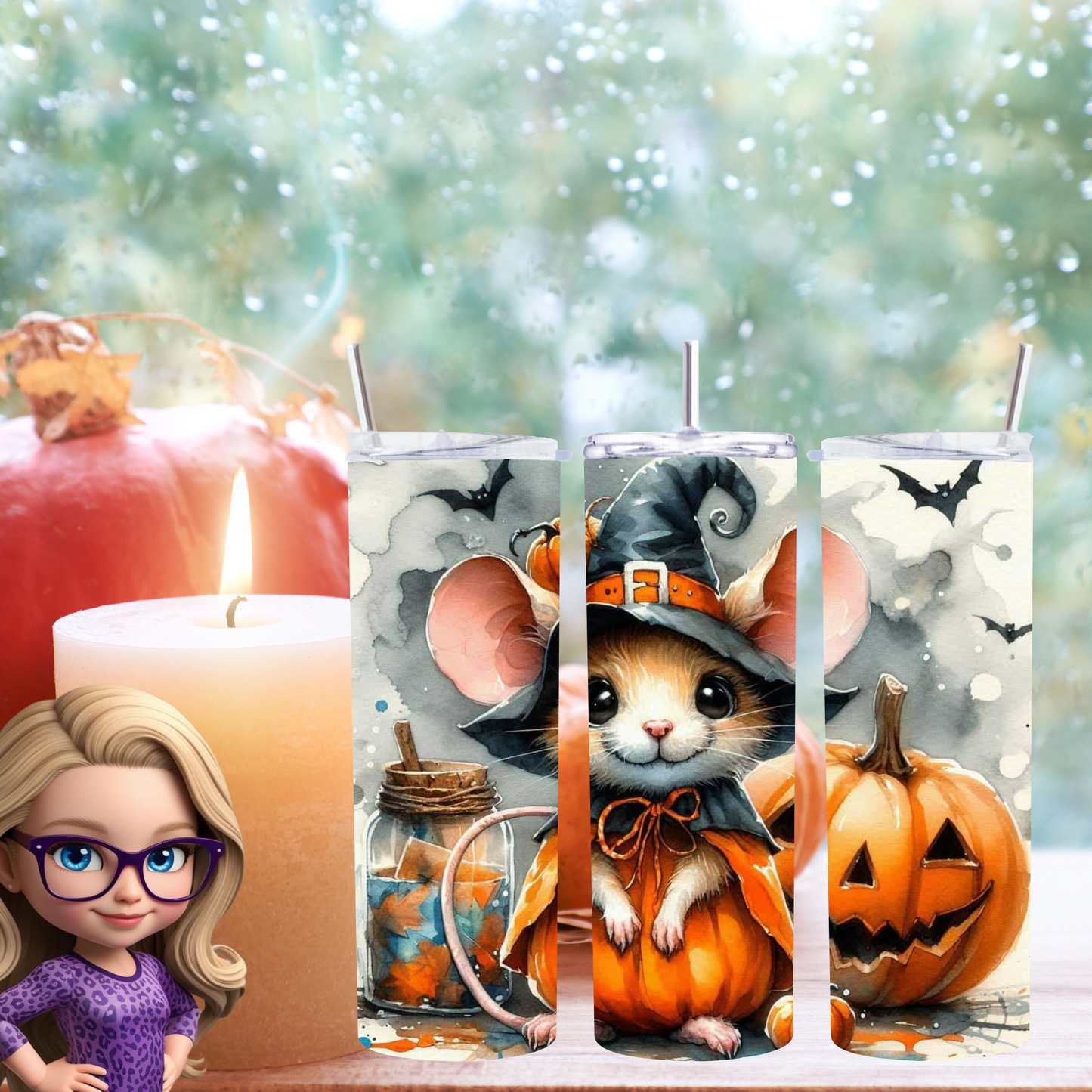 Adorable Halloween Mouse Tumbler – Insulated 20oz Skinny Cup with Pumpkin & Bat Motifs