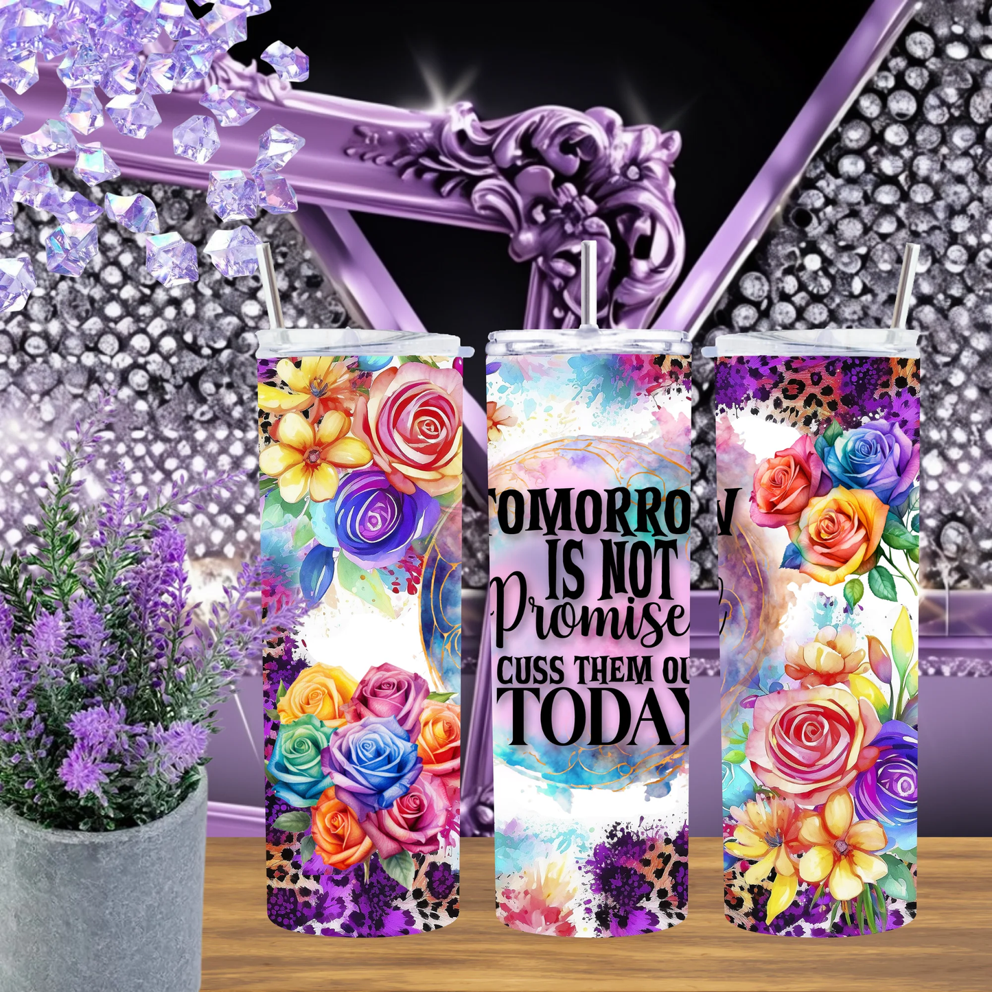Funny Floral 20oz Tumbler Rainbow Rose Sarcastic Gift For Her Cuss Them Out Today Snarky Drinkware by Marie Gems