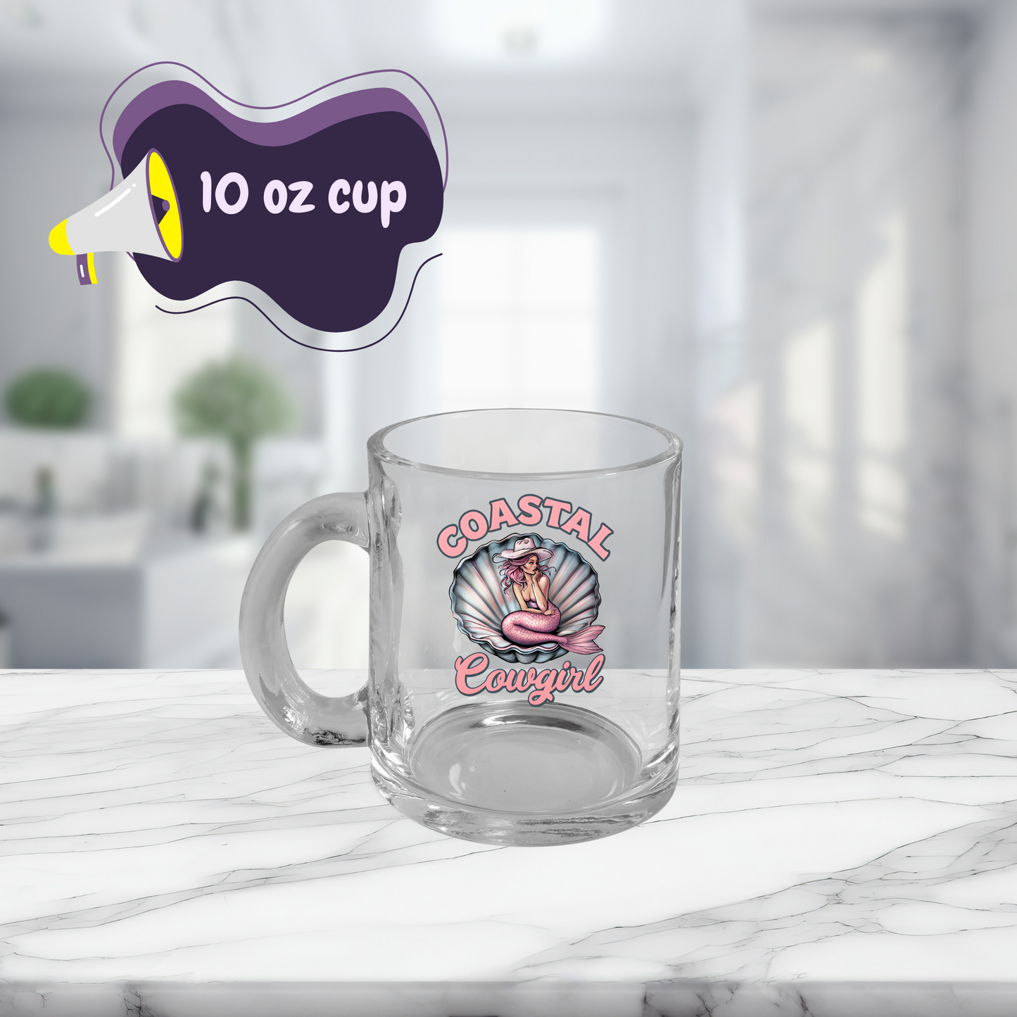 Coastal Cowgirl Glass Cup, Mermaid Mug, Western Beach Decor, 10oz Clear Mug, Gift for Cowgirl, Unique Drinkware, Beachy Western Style