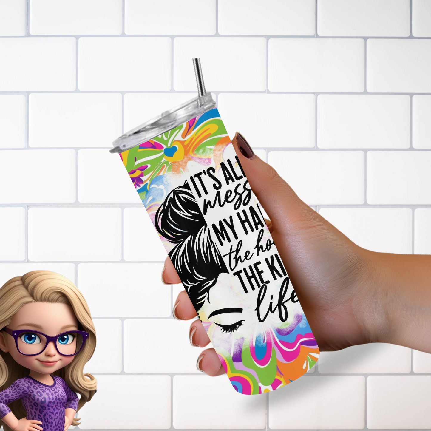 Vibrant Floral Messy Bun Tumbler – Insulated 20oz Skinny Cup for Coffee & Cold Drinks On-The-Go