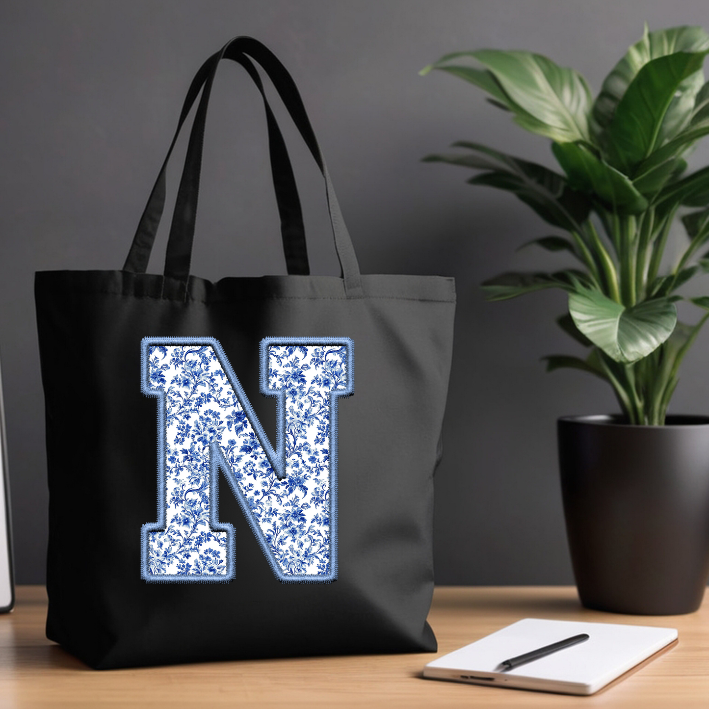 Personalized Chinoiserie Letter Tote Bag - Elegant Initial Design on Black Canvas (15x16)