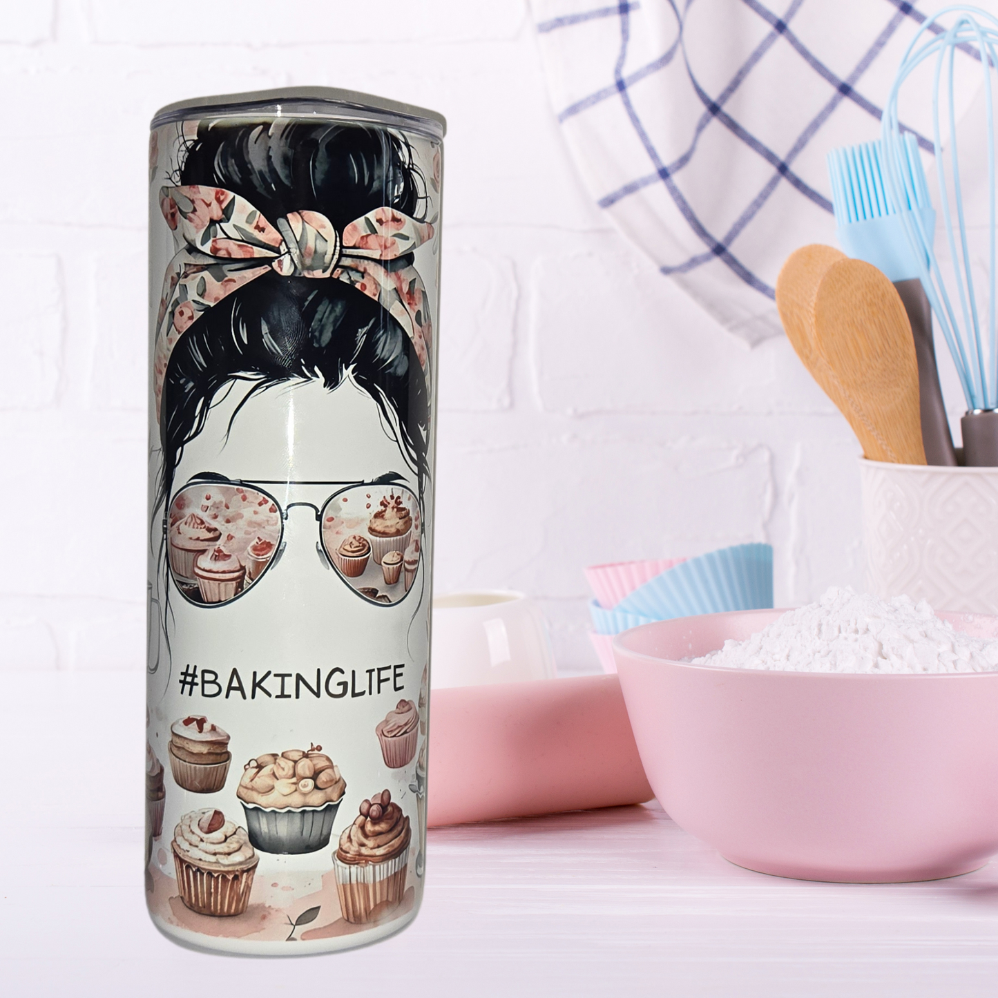 BakingLife 20 oz Stainless Steel Tumbler with messy bun, sunglasses reflecting cupcakes, and baking-themed design.