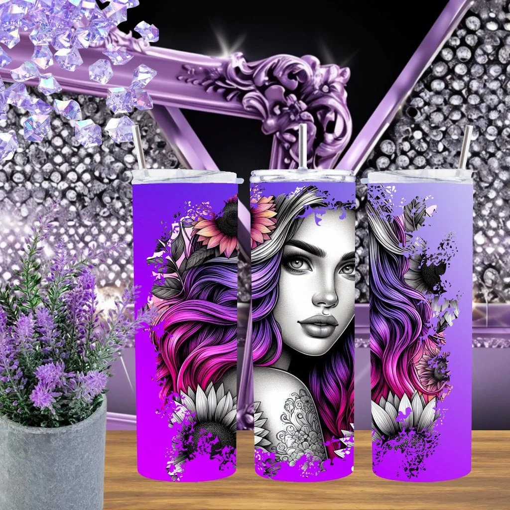 Admit It Biker Girl Tumbler 20oz 30oz Handmade Stainless Steel Edgy Floral Tattoo Gift Purple Teal Drinkware by Marie Gems