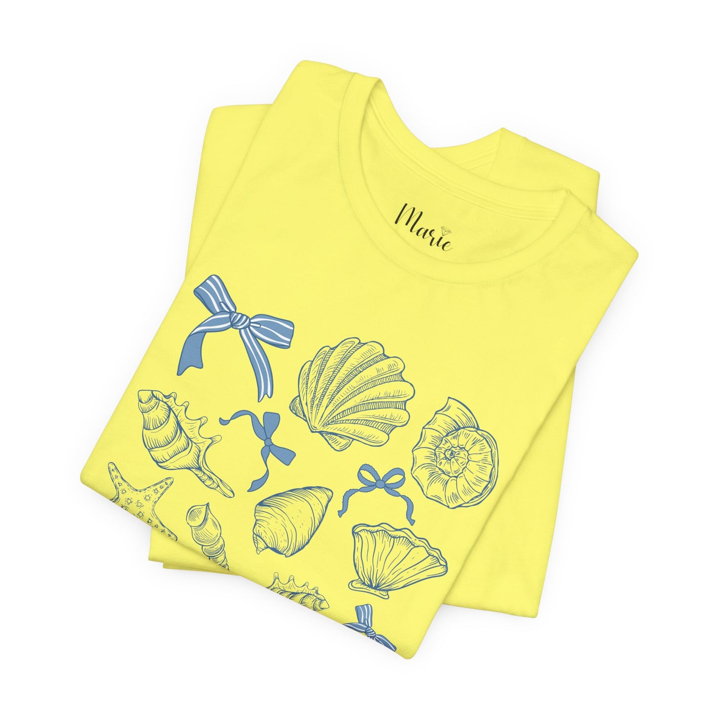 Elegant Seashells with Blue Bows T-Shirt - Coastal Style Graphic Tee for Women - Unique Nautical Fashion