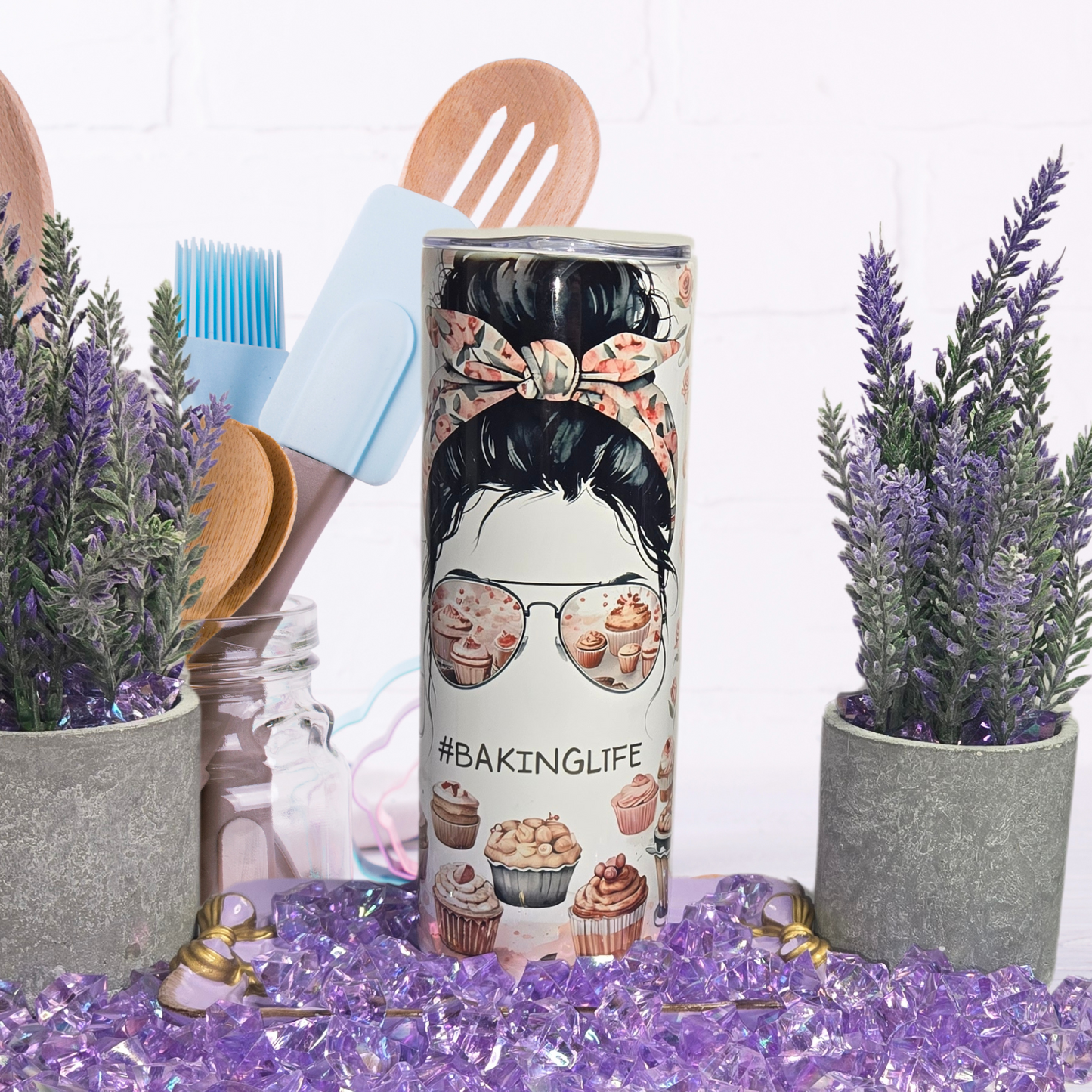 BakingLife 20 oz Stainless Steel Tumbler with messy bun and cupcake sunglasses design for bakers and pastry chefs.