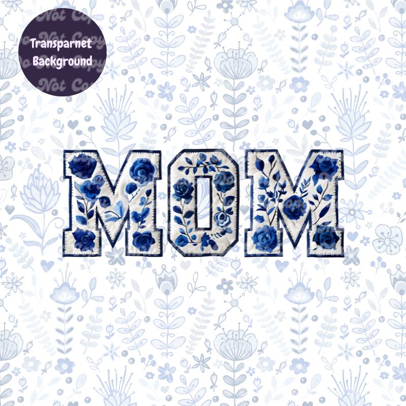 Quilted Blue Rose MOM PNG: Embroidered Floral Design for Mother's Day Crafts. Textured Digital Download for Sublimation, Prints, Commercial Use
