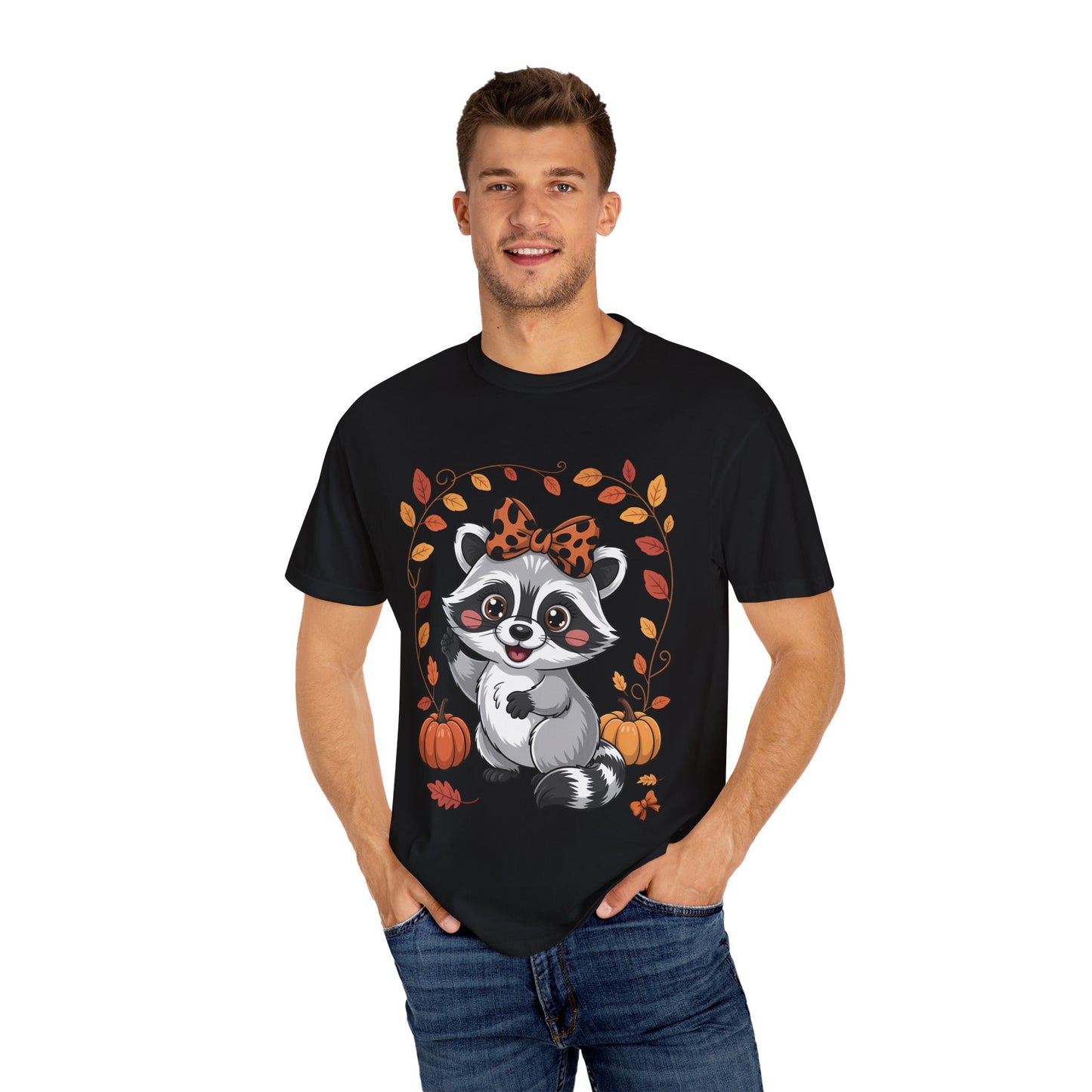 Cute Raccoon with Pumpkin Bow Comfort Colors T-shirt - Autumn Animal Graphic Tee