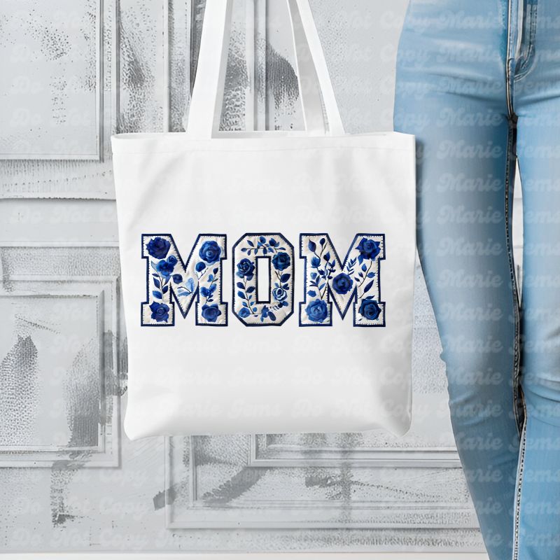 Quilted Blue Rose MOM PNG: Embroidered Floral Design for Mother's Day Crafts. Textured Digital Download for Sublimation, Prints, Commercial Use