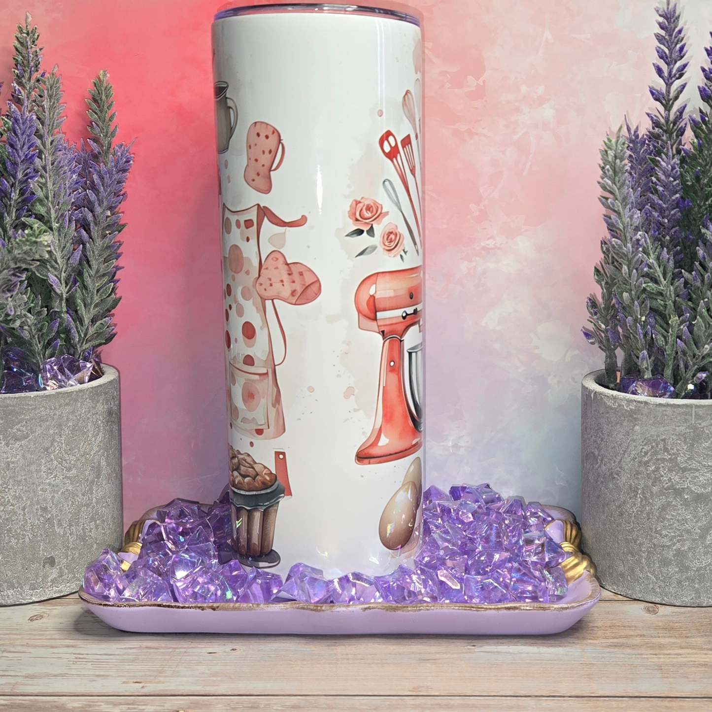 BakingLife 20 oz Stainless Steel Tumbler with baking-themed design, cupcakes, and mixer on white background.