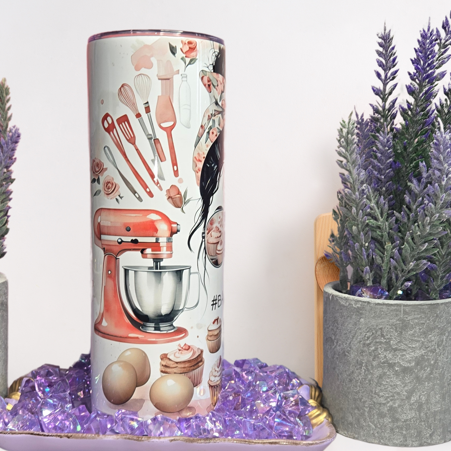 BakingLife 20 oz Stainless Steel Tumbler with baking tools, stand mixer, eggs, cupcakes, and messy bun design.