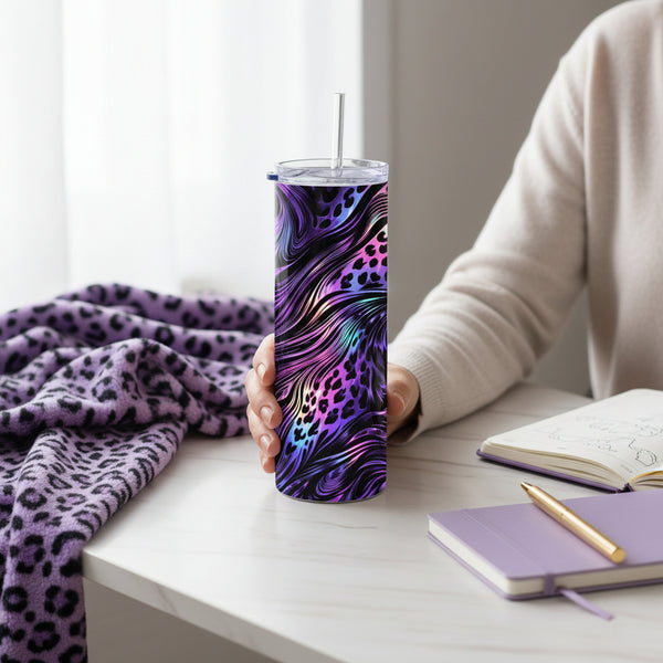 Purple Leopard Handmade 20 oz Stainless Steel Tumbler showing purple leopard 20oz tumbler artwork with insulated stainless steel tumbler, reusable travel cup, made to order