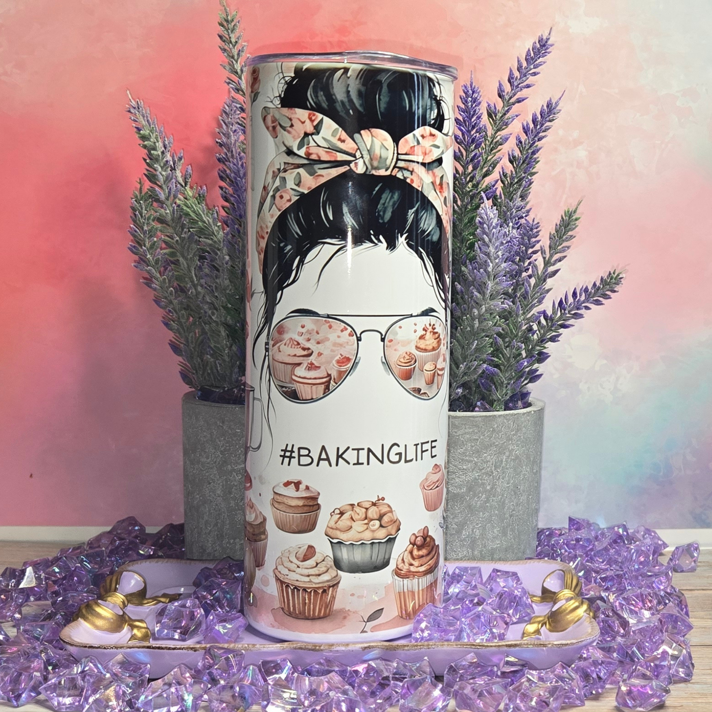 BakingLife 20 oz Stainless Steel Tumbler with messy bun, cupcake sunglasses, and baking-themed design.