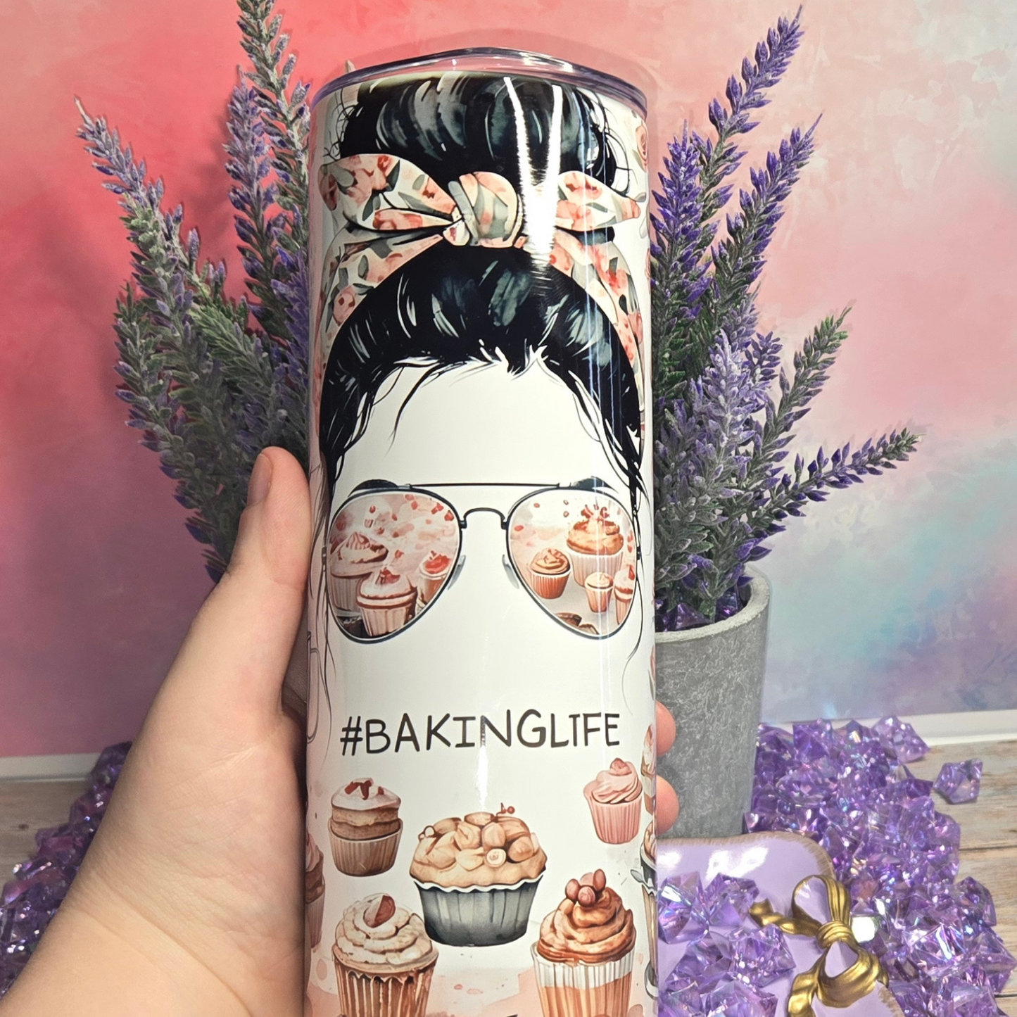 BakingLife 20 oz Stainless Steel Tumbler with messy bun, sunglasses reflecting cupcakes, and baking design.