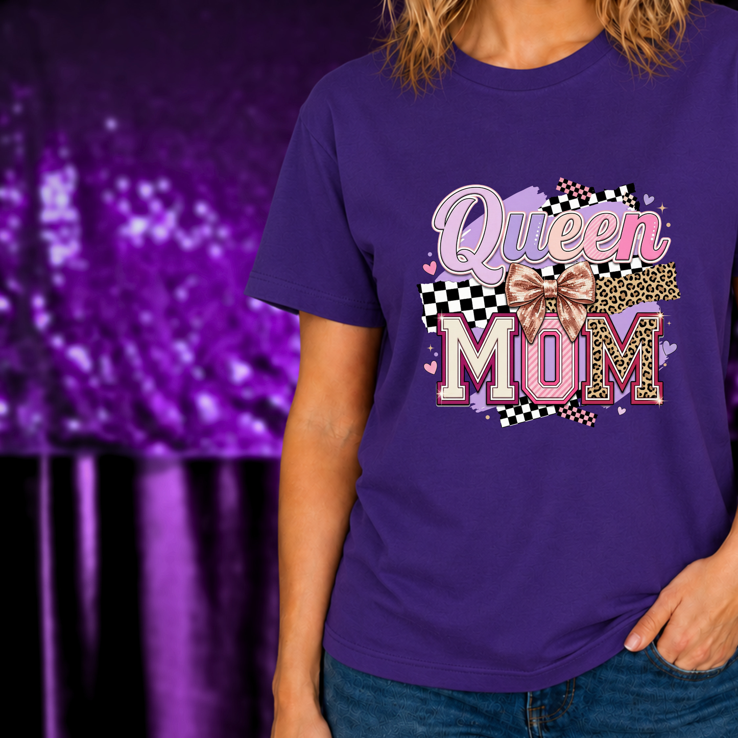 Queen Mom T-Shirt | Leopard Retro Mom Tee | Mother’s Day Gift Shirt with pink, leopard, and checkered design on purple fabric
