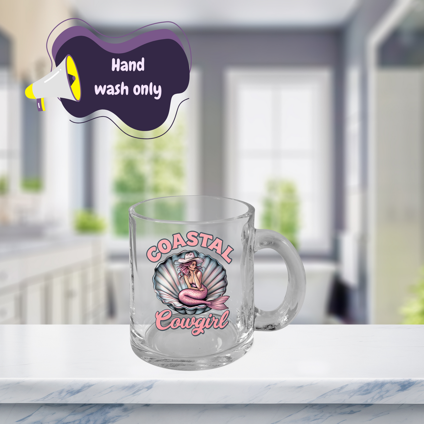 Coastal Cowgirl Glass Cup, Mermaid Mug, Western Beach Decor, 10oz Clear Mug, Gift for Cowgirl, Unique Drinkware, Beachy Western Style