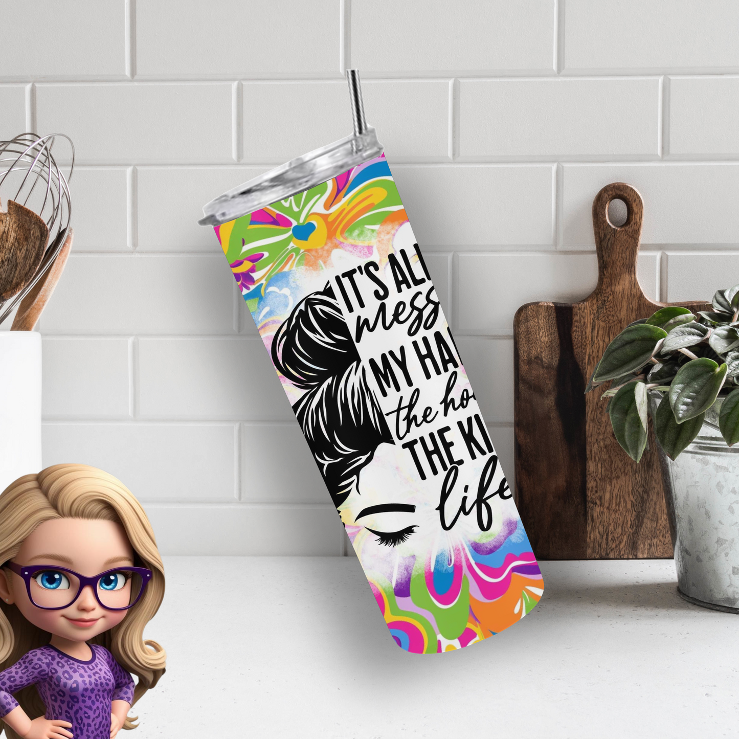 Vibrant Floral Messy Bun Tumbler – Insulated 20oz Skinny Cup for Coffee & Cold Drinks On-The-Go
