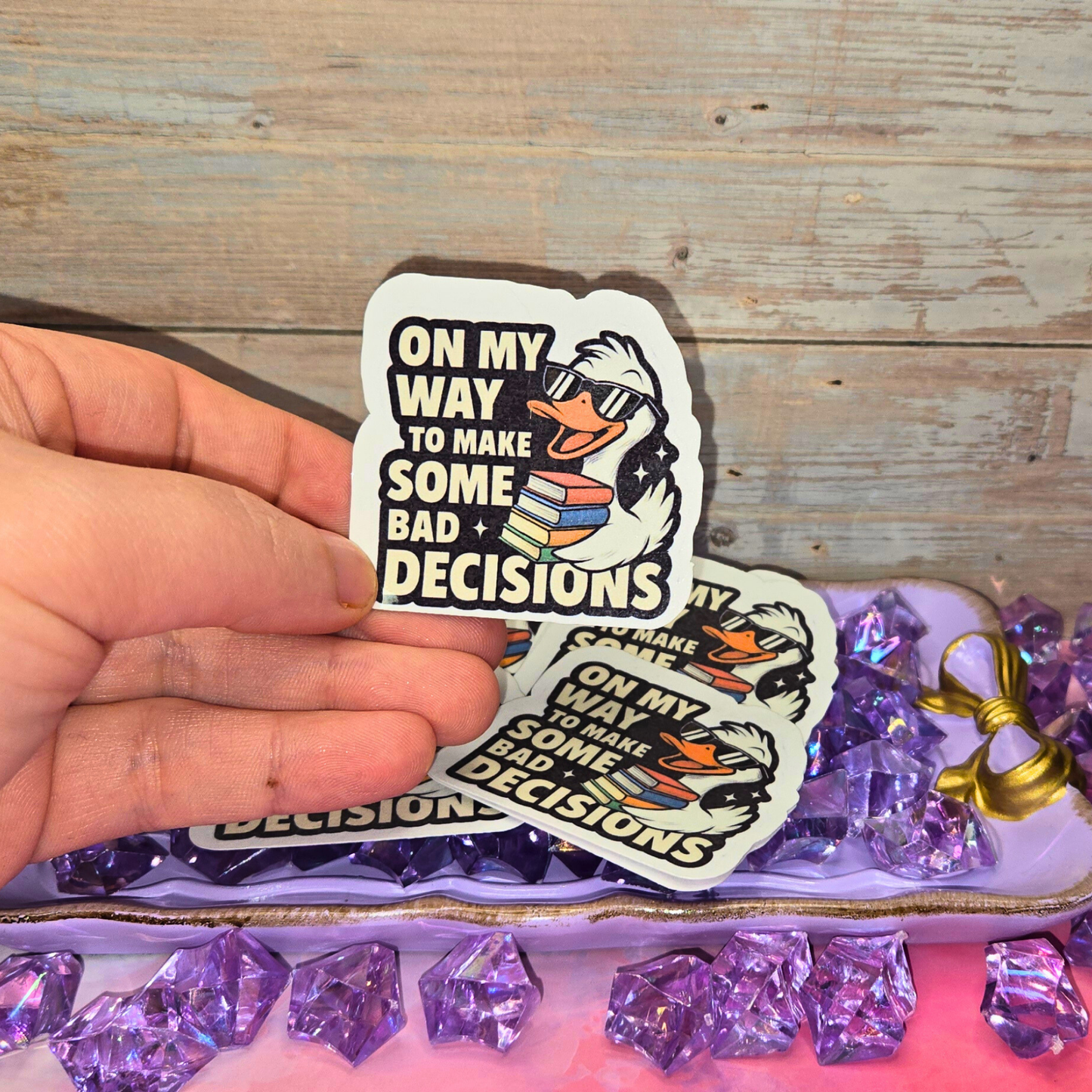 Funny Goose Stickers - On My Way To Make Bad Decisions Decals - Quirky Twin Pack - Laptop, Water Bottle, Planner Meme