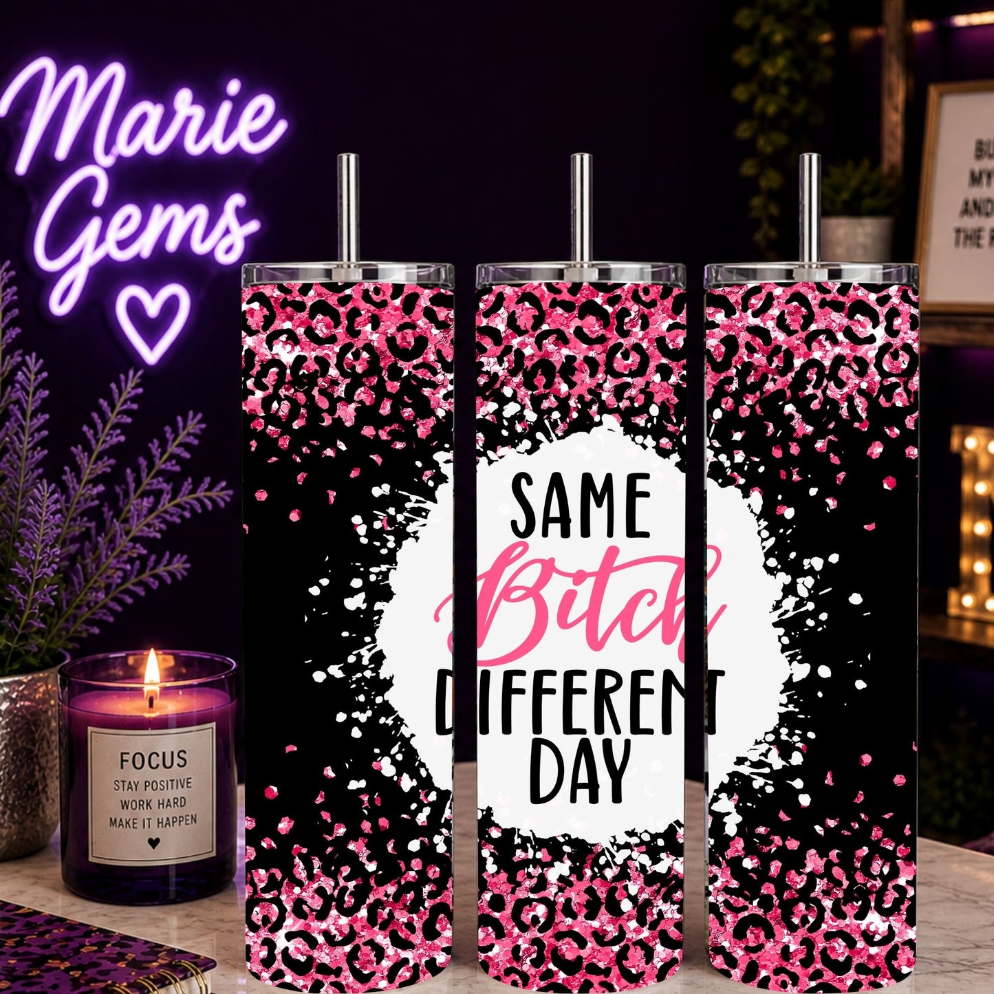 Funny Snarky 20oz Tumbler Same Bitch Different Day Pink Cheetah Print Travel Mug Glitter Animal Print Gift For Her with straws