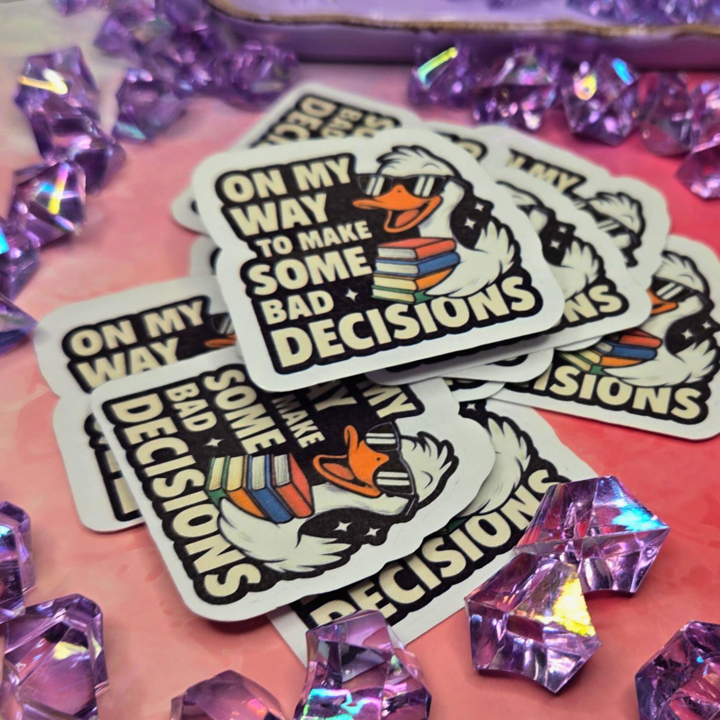 Funny Goose Stickers - On My Way To Make Bad Decisions Decals - Quirky Twin Pack - Laptop, Water Bottle, Planner Meme
