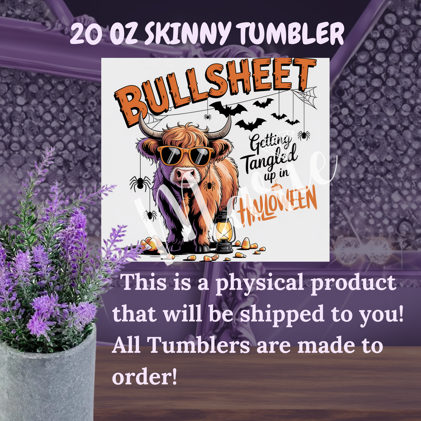 Bullsheet Highland Cow 20oz Skinny Tumbler, Tangled in Halloween, Funny Spooky Season Physical Tumbler for Cow Lovers by Marie Gems