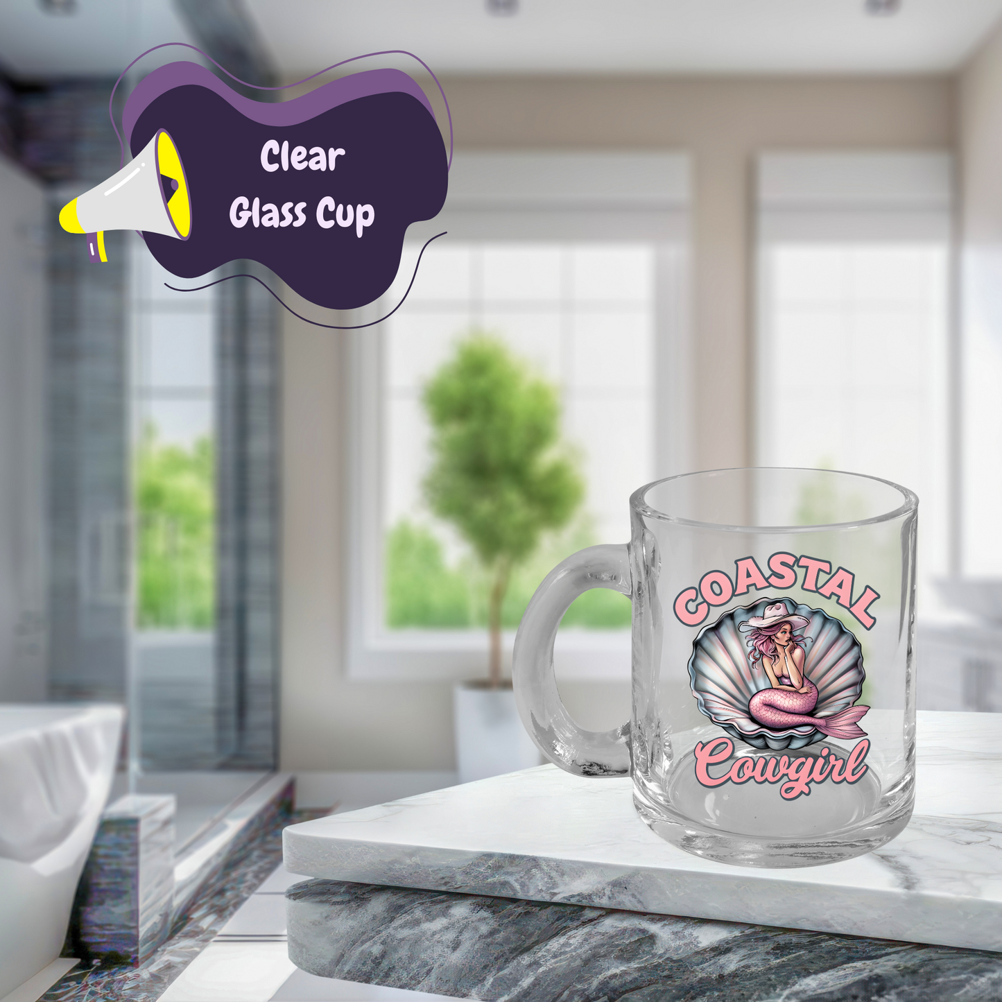 Coastal Cowgirl Glass Cup, Mermaid Mug, Western Beach Decor, 10oz Clear Mug, Gift for Cowgirl, Unique Drinkware, Beachy Western Style