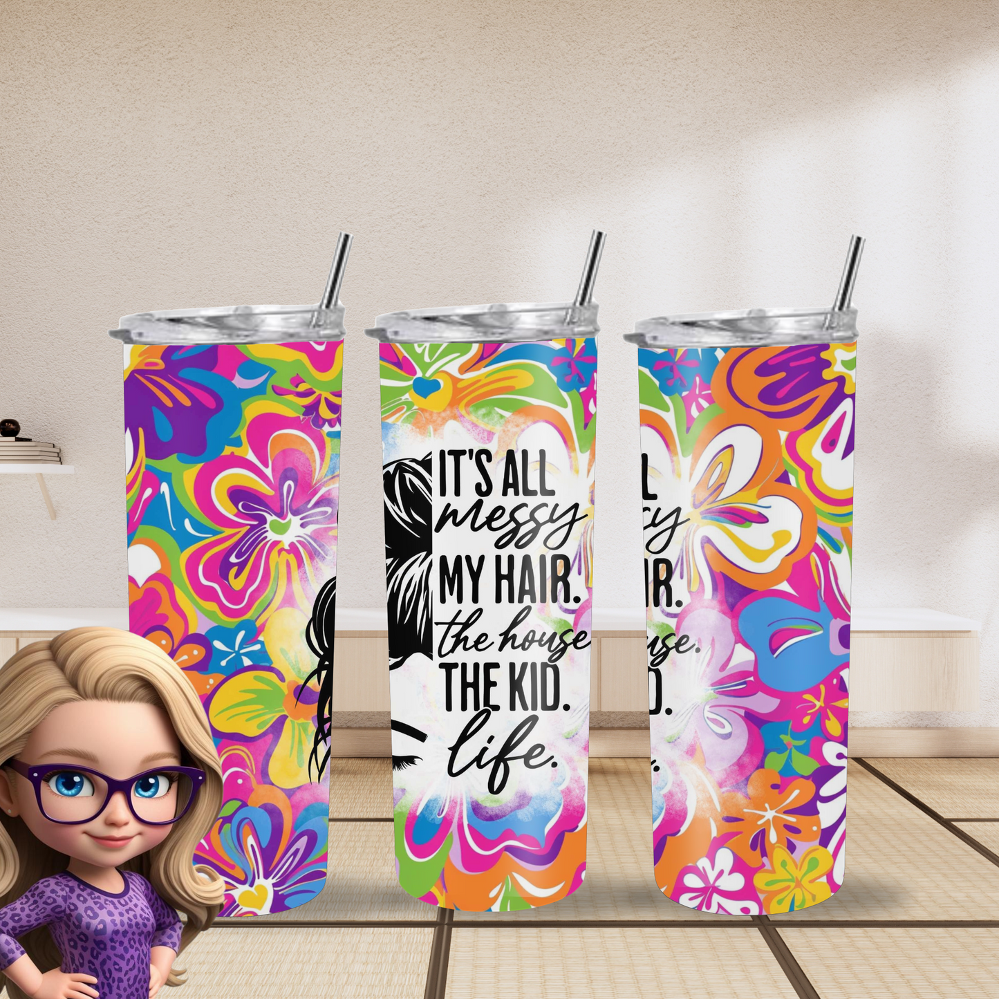 Vibrant Floral Messy Bun Tumbler – Insulated 20oz Skinny Cup for Coffee & Cold Drinks On-The-Go