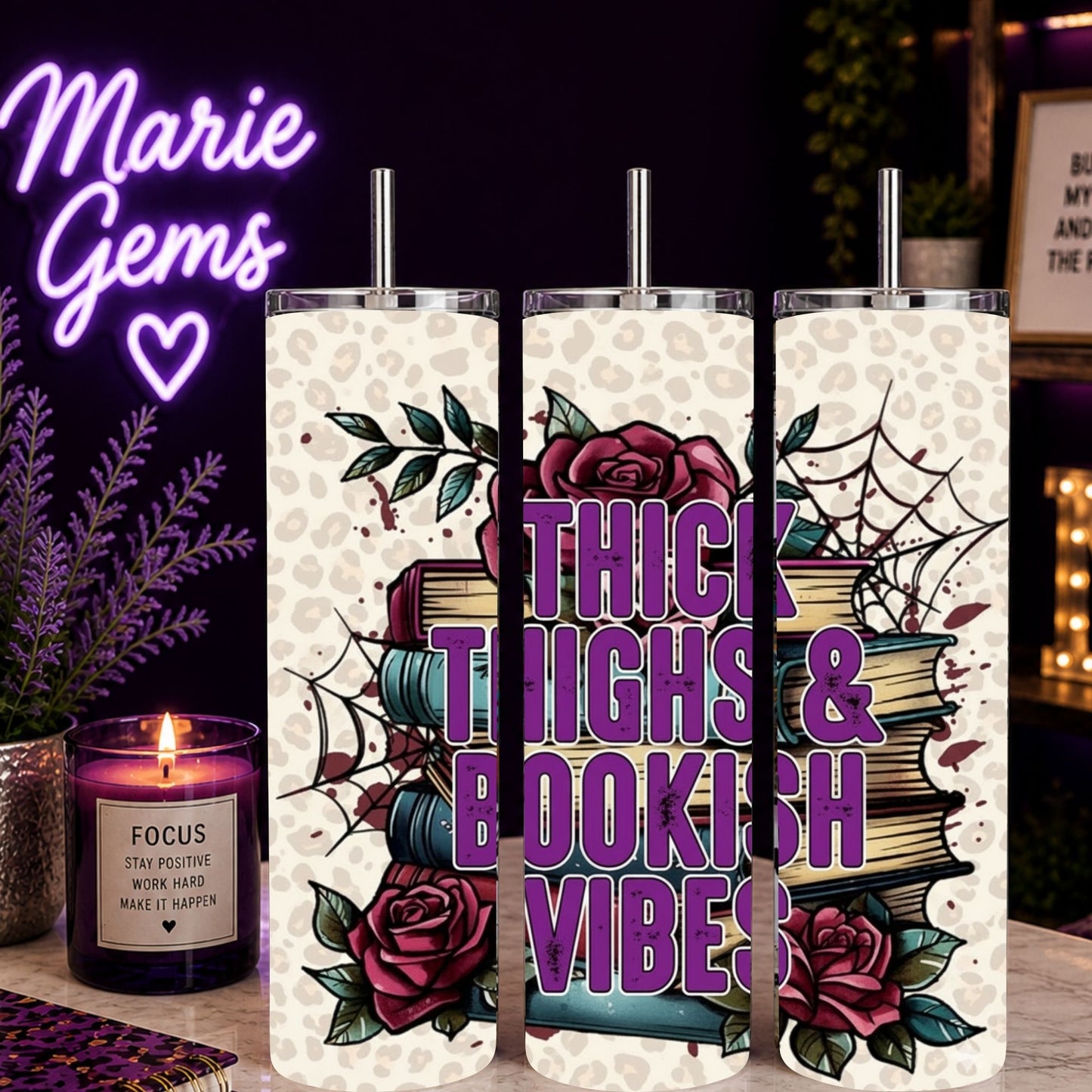 Thick Thighs Bookish Tumbler 20oz | Body Positive Reader Cup with floral and book stack design and purple lettering