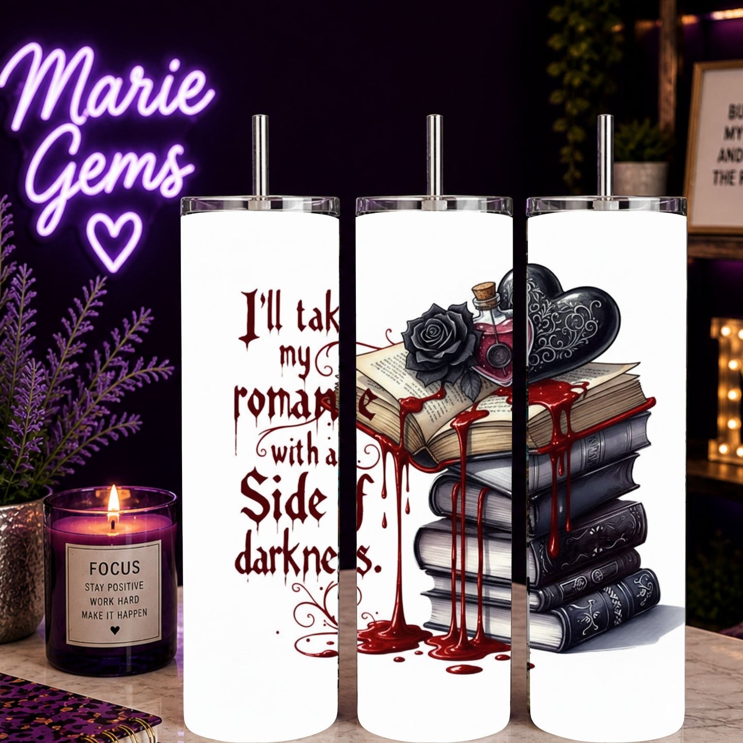 Gothic Dark Romance Tumbler 20oz Book Lover Mug Spicy Fantasy Reader Gift Dark Academia Cup Vampy Bookish Coffee Tumbler with dark stacked books and dripping blood design.