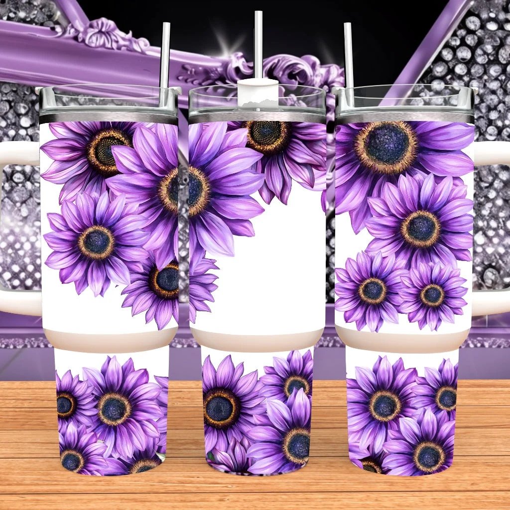 Purple Sunflower 40oz Tumbler With Handle Stainless Steel Travel Mug Sublimation Water Bottle Boho Floral Gift For Her by Marie Gems