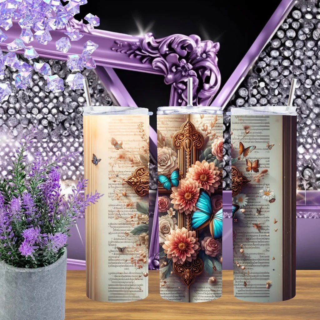 Scripture Cross 20oz Tumbler • Floral Bible Stainless Steel Cup • Christian Faith Gift for Her • Handmade Religious Aesthetic Butterfly Drinkware by Marie Gems