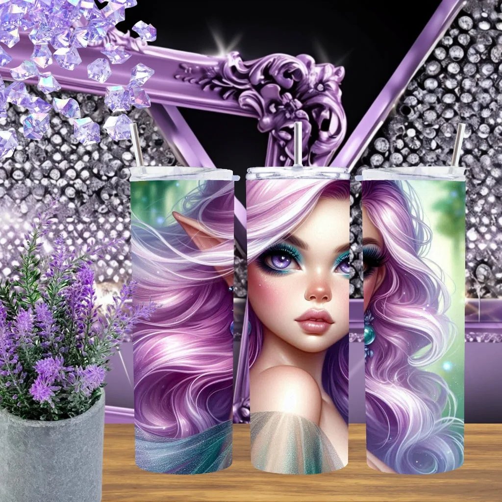 Ethereal Purple Elf 20oz Tumbler, Fantasy Fairy Art Stainless Steel Cup, Pastel Mythical Creature Gift for Her, Handmade Whimsical Drinkware by Marie Gems