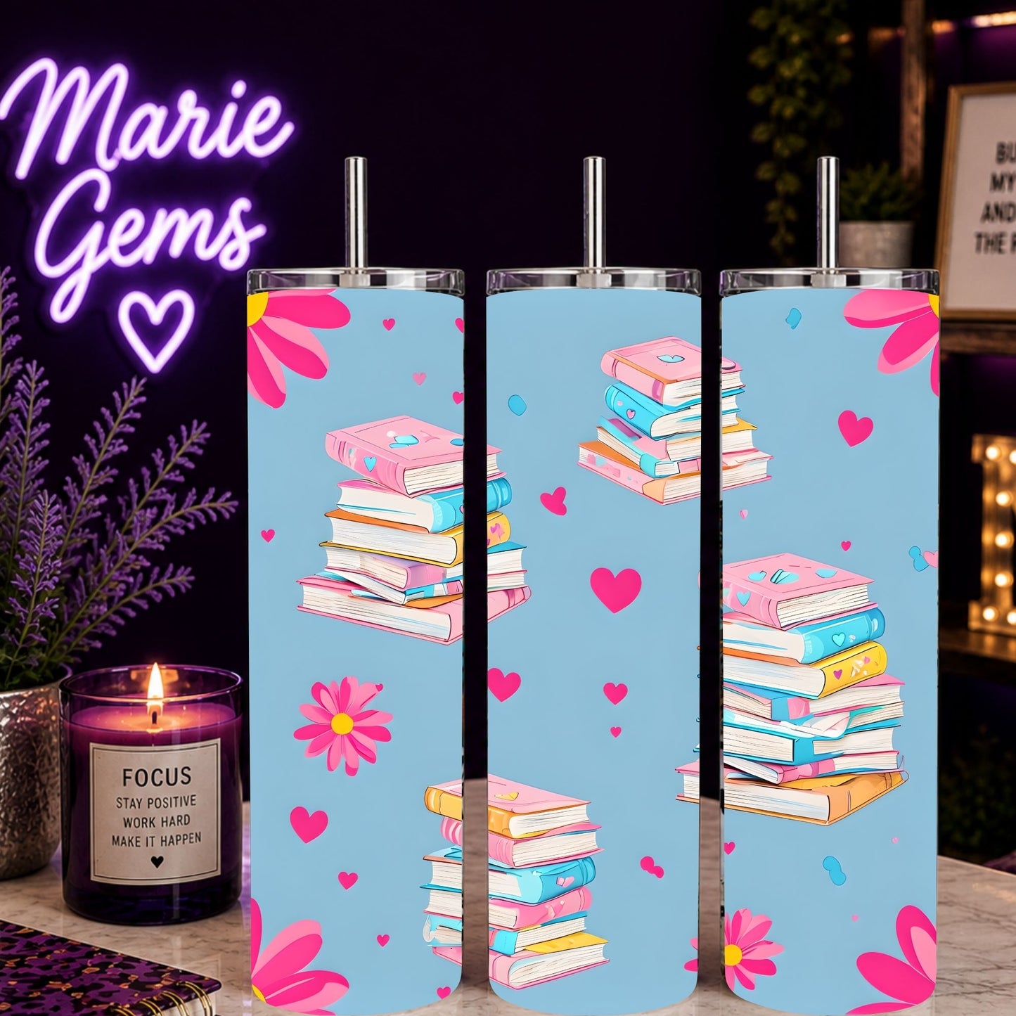 Pastel Book Lover 20oz Tumbler | Pink Floral Reader Cup with stacked books, hearts, and flowers on light blue background.