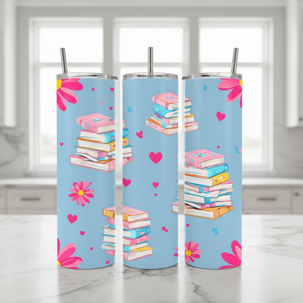 Pastel Book Lover Handmade 20 oz Stainless Steel Tumbler showing pastel book lover tumbler artwork with pastel book lover tumbler, gift for book lover, book lover tumbler, product
