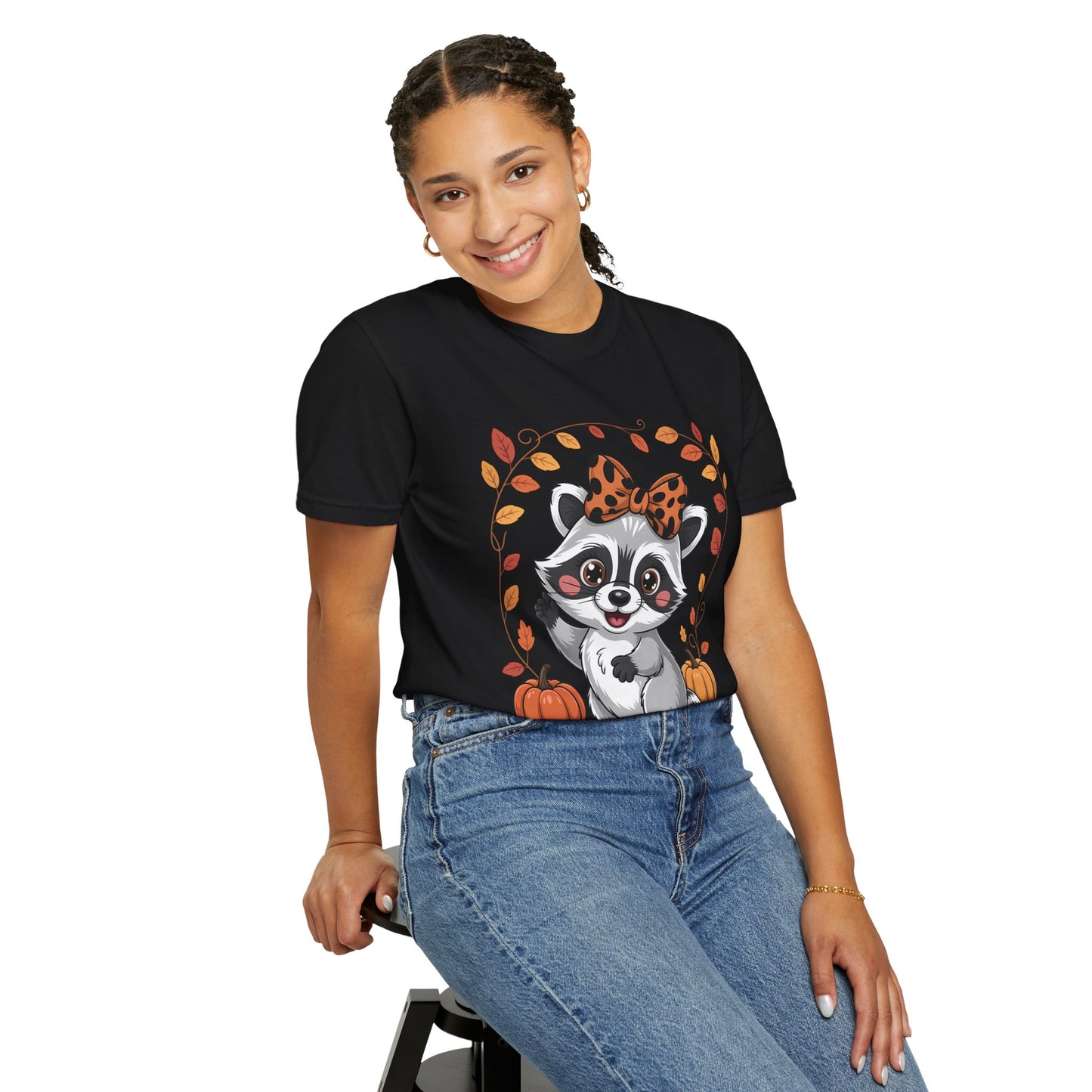 Cute Raccoon with Pumpkin Bow Comfort Colors T-shirt - Autumn Animal Graphic Tee