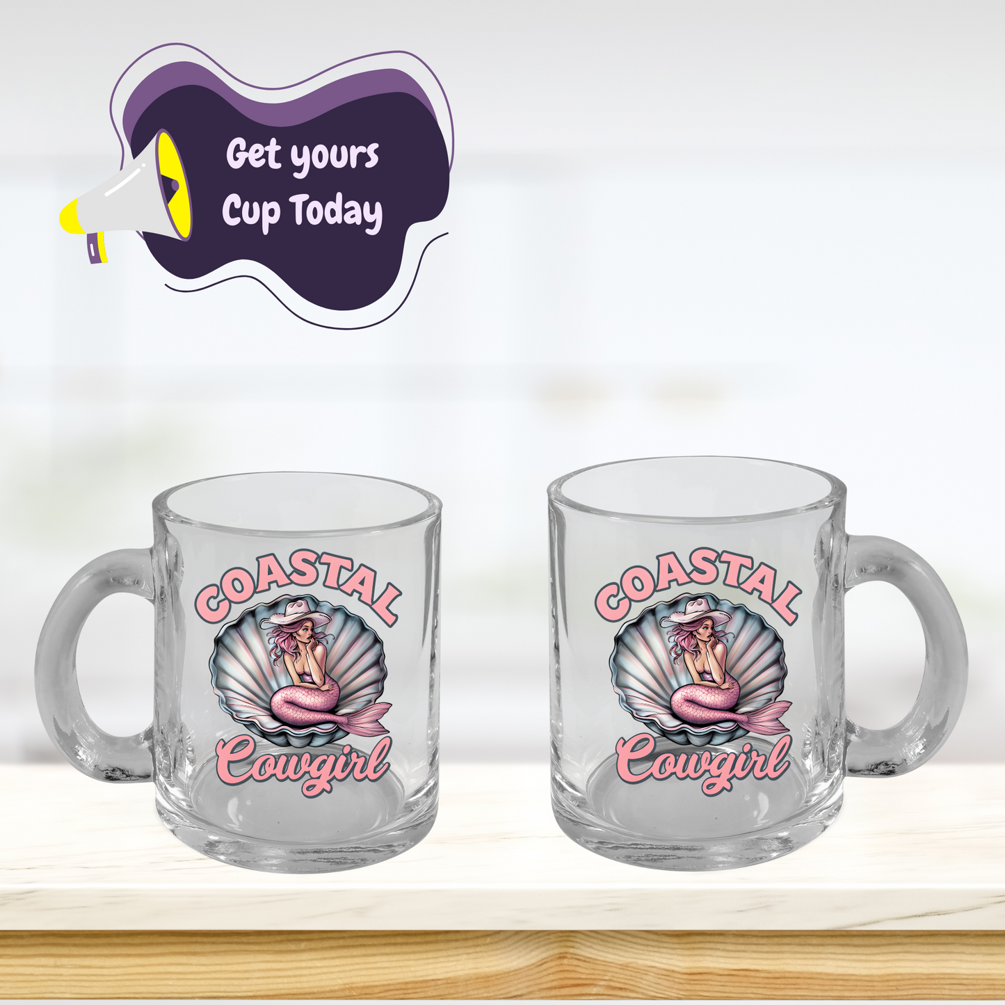 Coastal Cowgirl Glass Cup, Mermaid Mug, Western Beach Decor, 10oz Clear Mug, Gift for Cowgirl, Unique Drinkware, Beachy Western Style