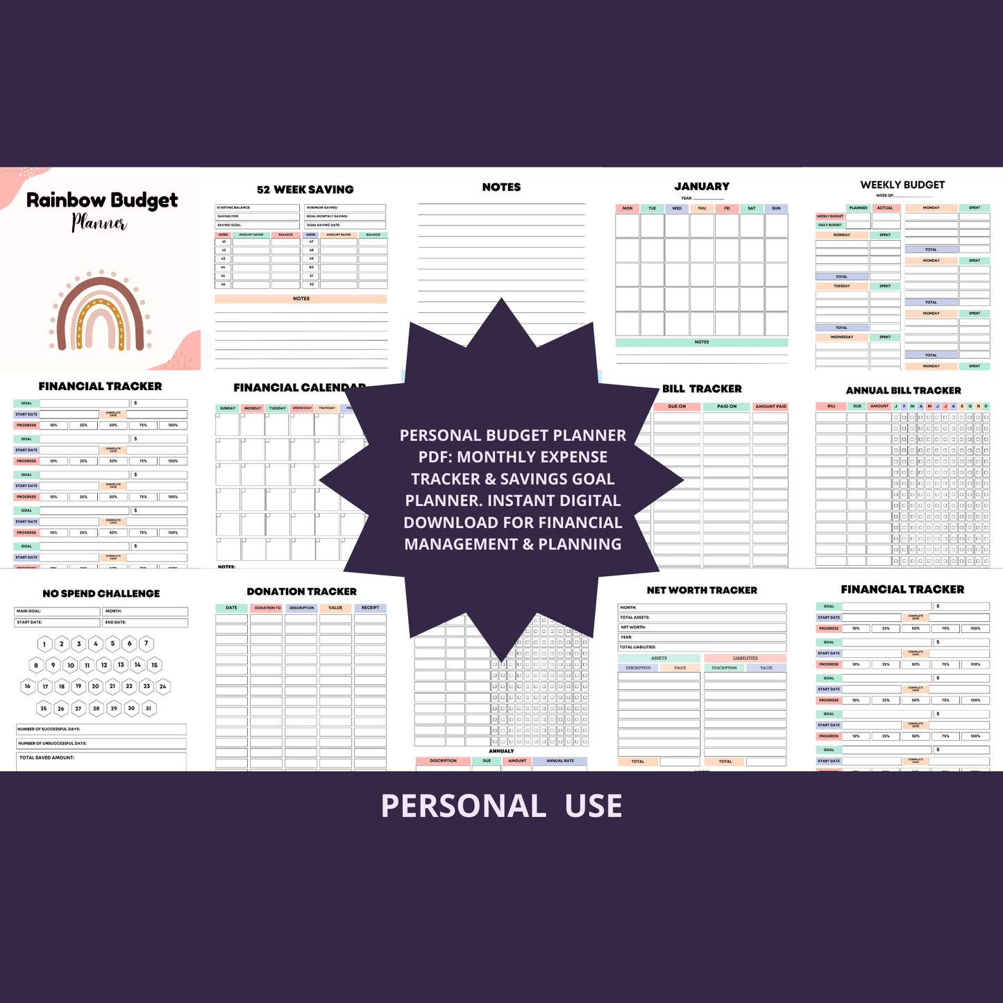 Personal Budget Planner PDF: Monthly Expense Tracker & Savings Goal Planner. Instant Digital Download for Financial Management & Planning