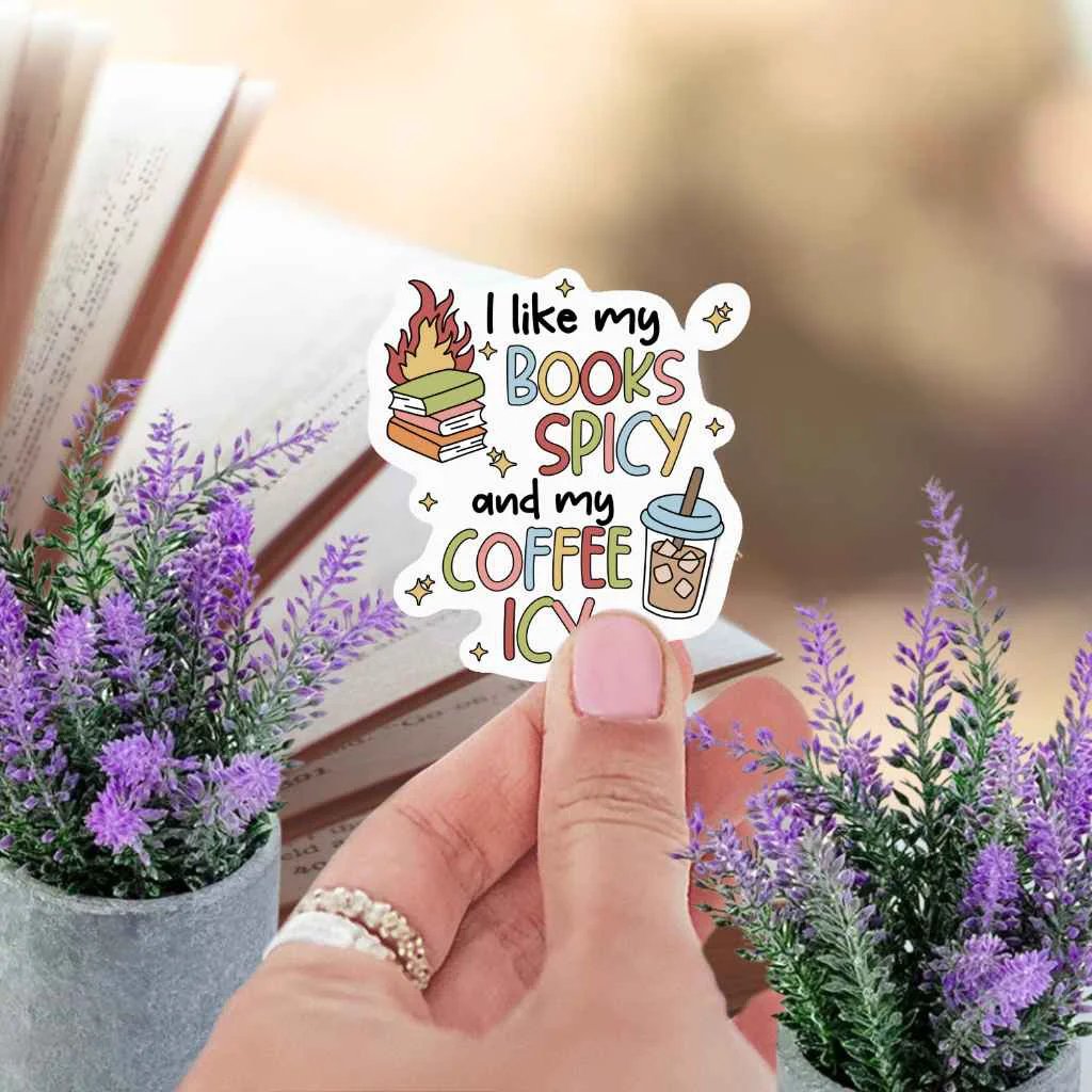 I Like My Books Spicy And My Coffee Icy Sticker | Booktok Kindle Sticker | Spicy Book Club Smut Romance Book Lover by Marie Gems