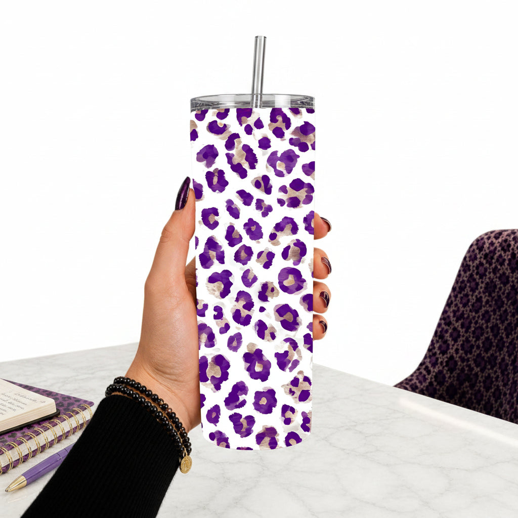 Purple Leopard Print 20 oz Stainless Steel Tumbler showing purple leopard print tumbler artwork with insulated stainless steel tumbler, reusable travel cup, made to order, product