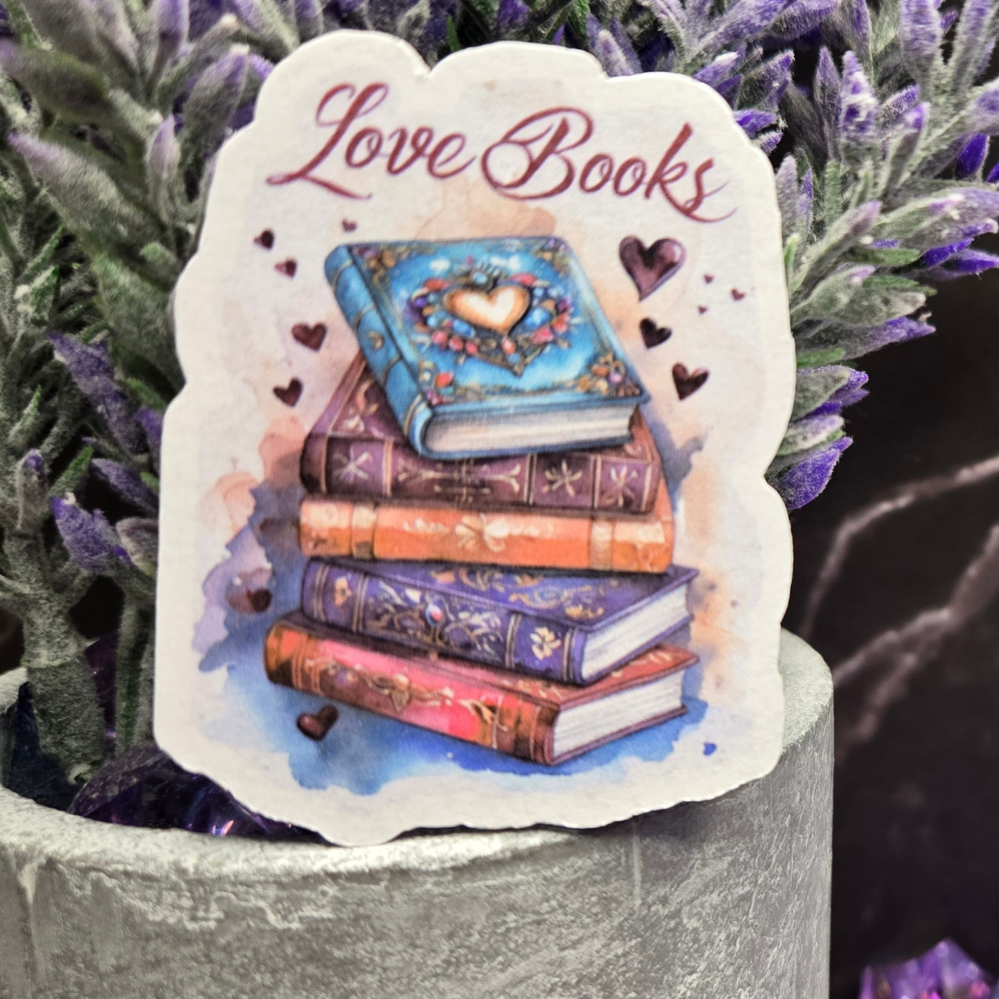Elegant "Love Books" Sticker - Ornate Stack of Books & Hearts Decal for Passionate Readers