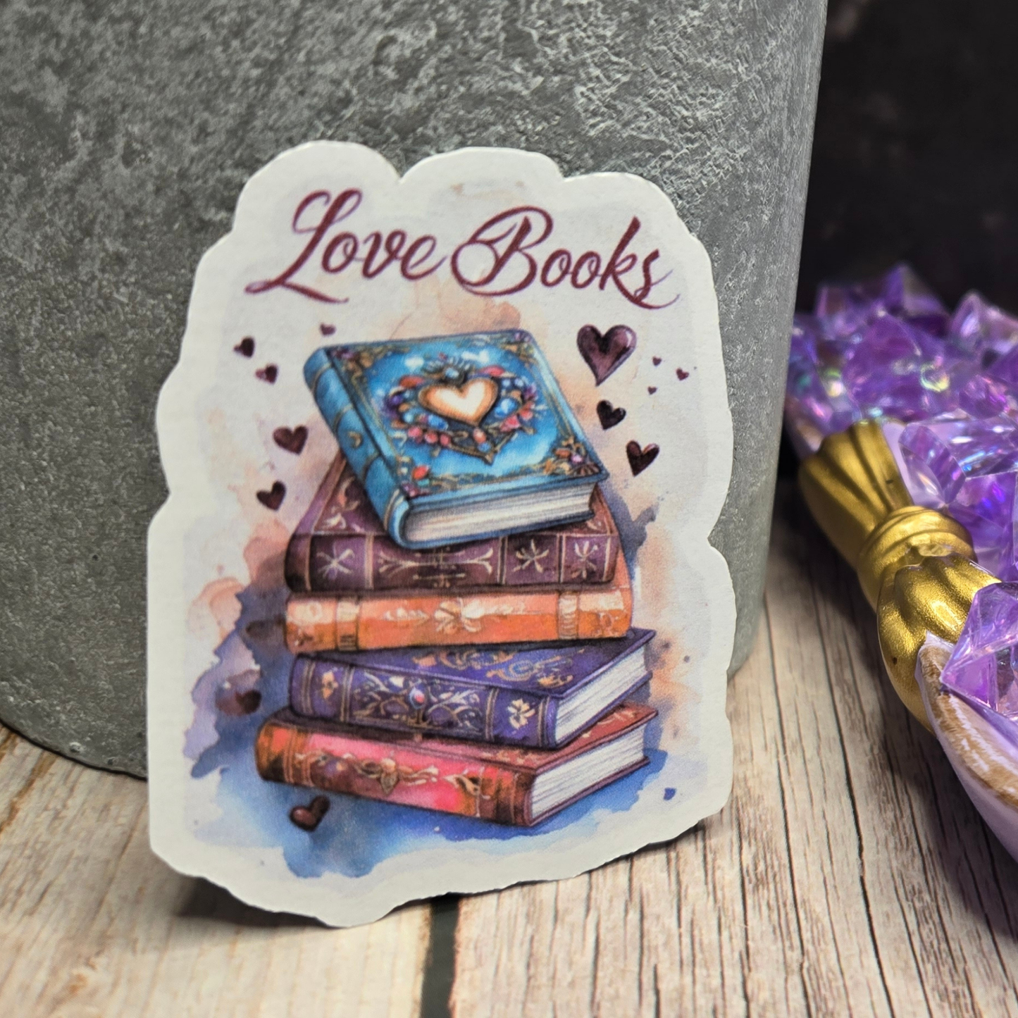 Elegant "Love Books" Sticker - Ornate Stack of Books & Hearts Decal for Passionate Readers