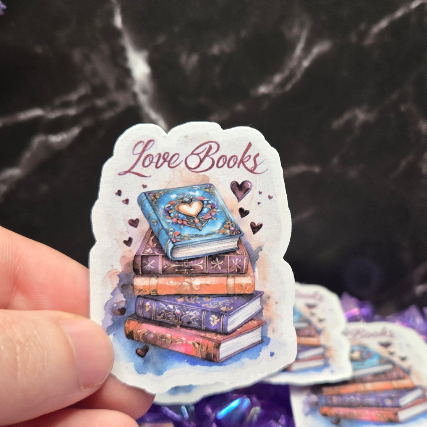 Elegant "Love Books" Sticker - Ornate Stack of Books & Hearts Decal for Passionate Readers
