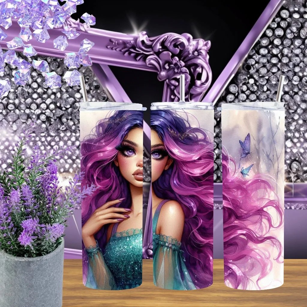 Purple Fantasy Sorceress 20oz Tumbler Stainless Steel Cup With Ethereal Butterfly Art Handcrafted Whimsical Drinkware by Marie Gems