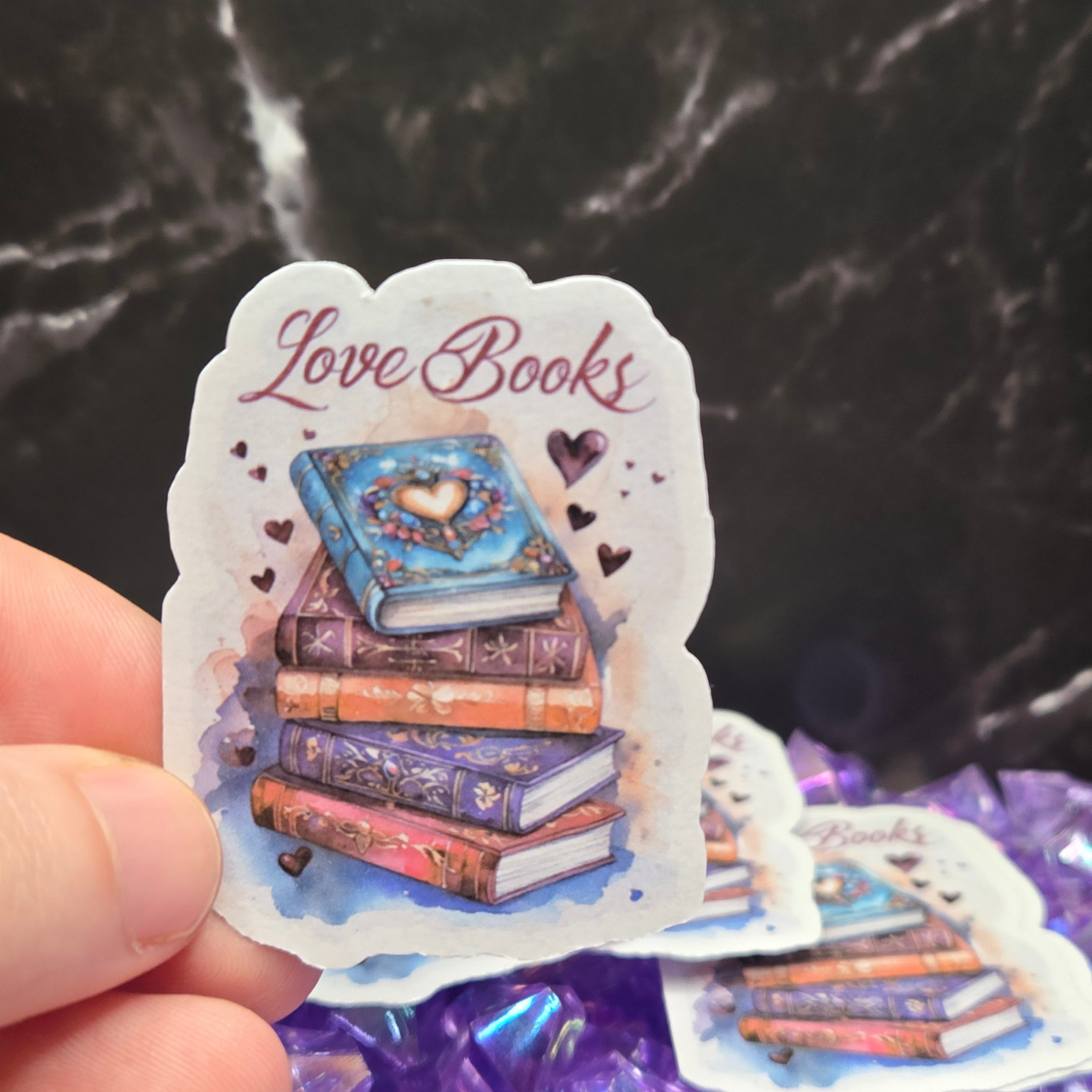 Elegant "Love Books" Sticker - Ornate Stack of Books & Hearts Decal for Passionate Readers
